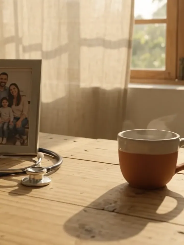 Mesa de madeira ao entardecer com porta-retratos de família, estetoscópio e xícara de café