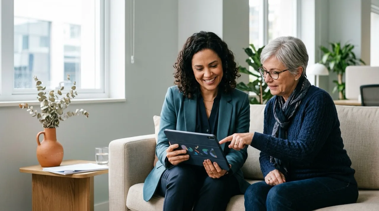 Advisor and client looking at a tablet together on the office sofa