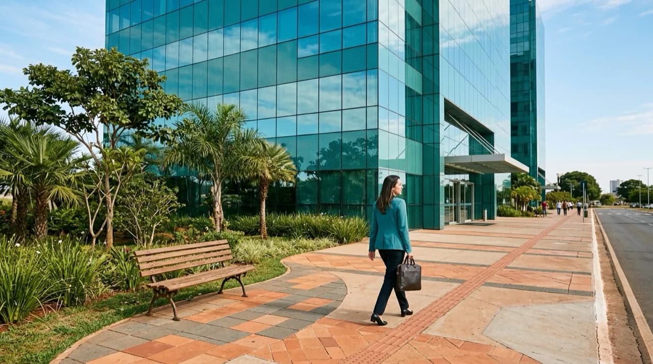 Consultora caminhando para a entrada de um prédio corporativo de vidro em Brasília