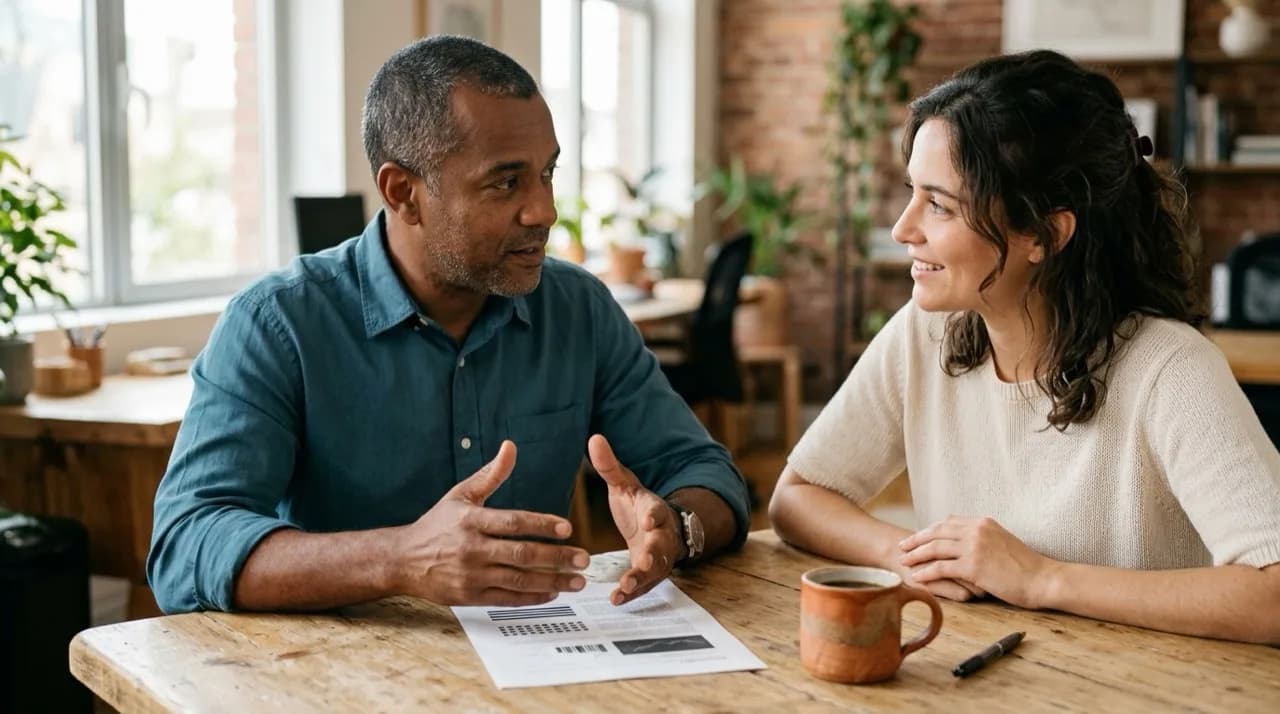Advisor explaining a contract with open hands on the table