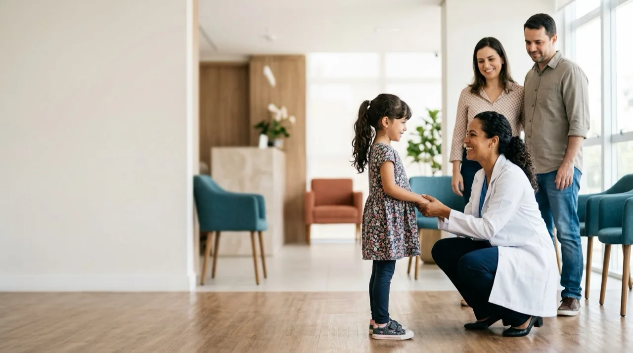 Pediatra cumprimentando uma menina na recepção de uma clínica, com os pais ao fundo