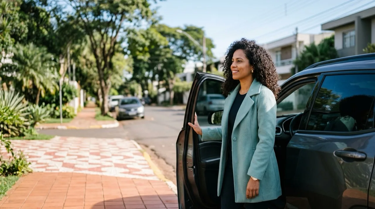 Mulher ao lado do seu carro em uma rua arborizada pela manhã