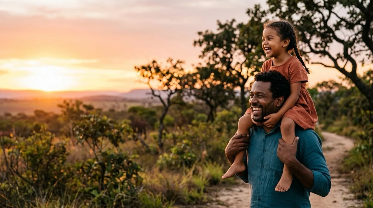 Father carrying his daughter on his shoulders in a park at sunset