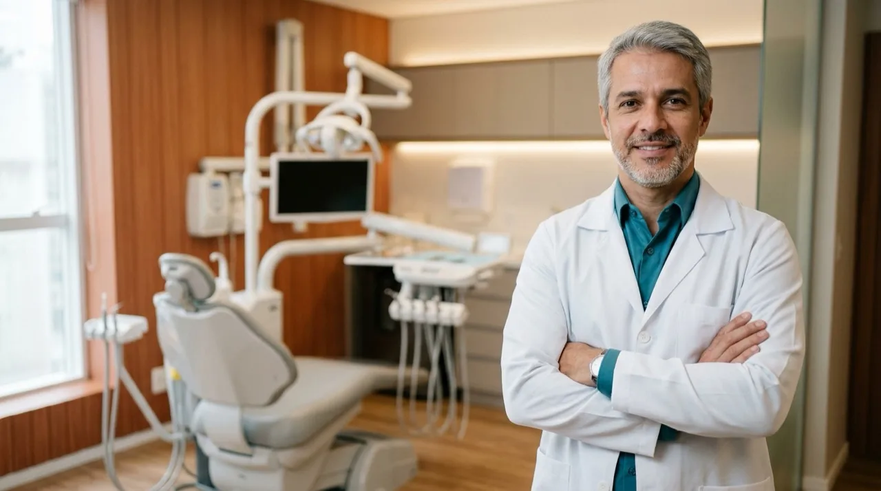 Dentist standing confidently with arms crossed in his practice
