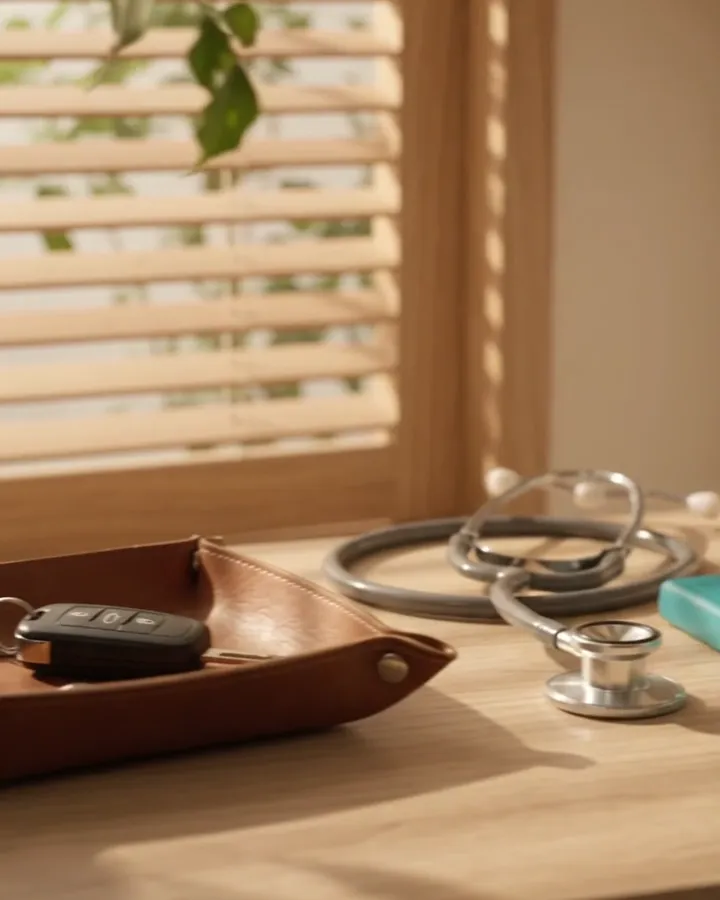 Leather tray with car keys and a stethoscope on the counter, next to the window